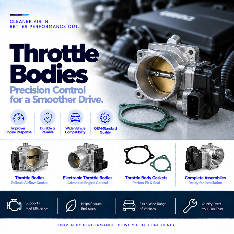 Automotive throttle bodies, electronic throttle valves and throttle body gaskets