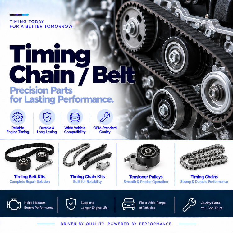 Automotive timing chains, timing belts, tensioners and timing kits for engine timing systems