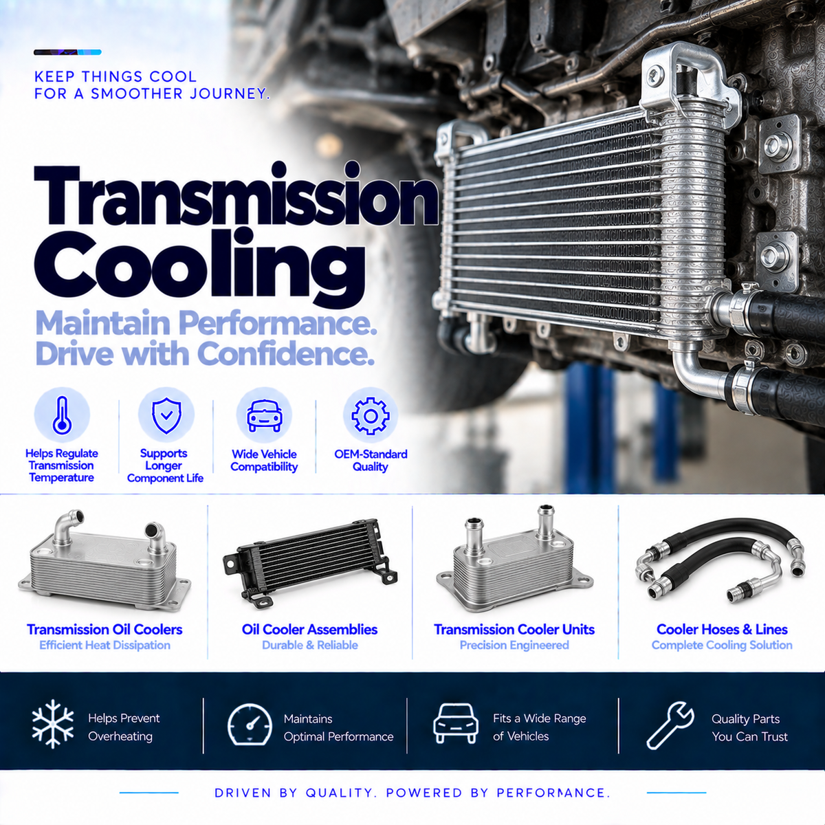 Automatic transmission oil coolers and gearbox cooling components for vehicle transmissions