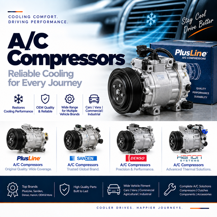 Replacement automotive air conditioning compressor with pulley beside a vehicle engine bay.