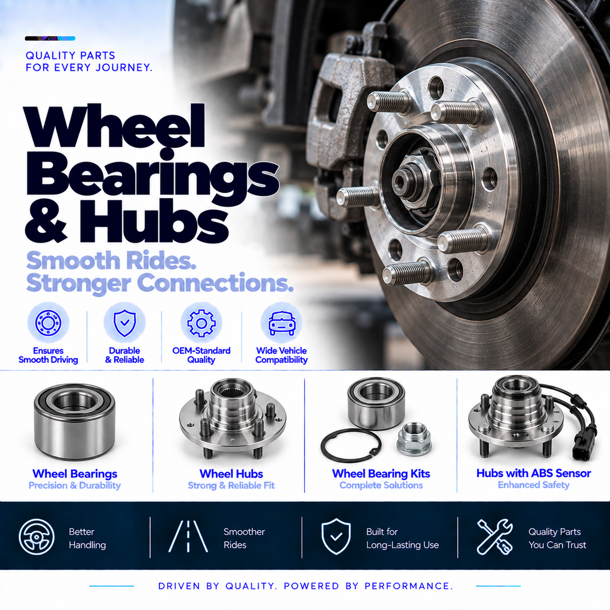 Automotive wheel bearings, wheel bearing kits and wheel hubs for vehicle wheel assemblies