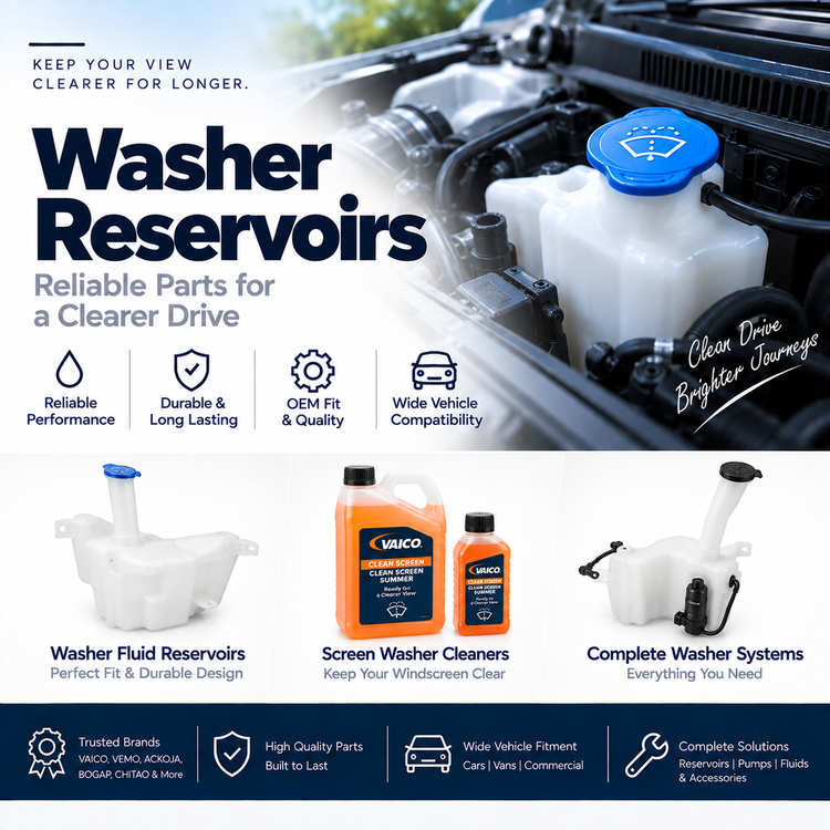 Replacement translucent windscreen washer reservoir beside a car engine bay showing its installation location.