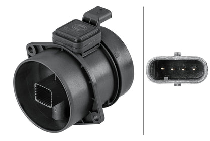 HELLA Mass Air Flow Sensor - 4-pin connector - Pipe-neck 8ET358095-311