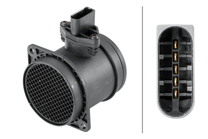 HELLA Mass Air Flow Sensor - 5-pin connector - Pipe-neck 8ET358095-401