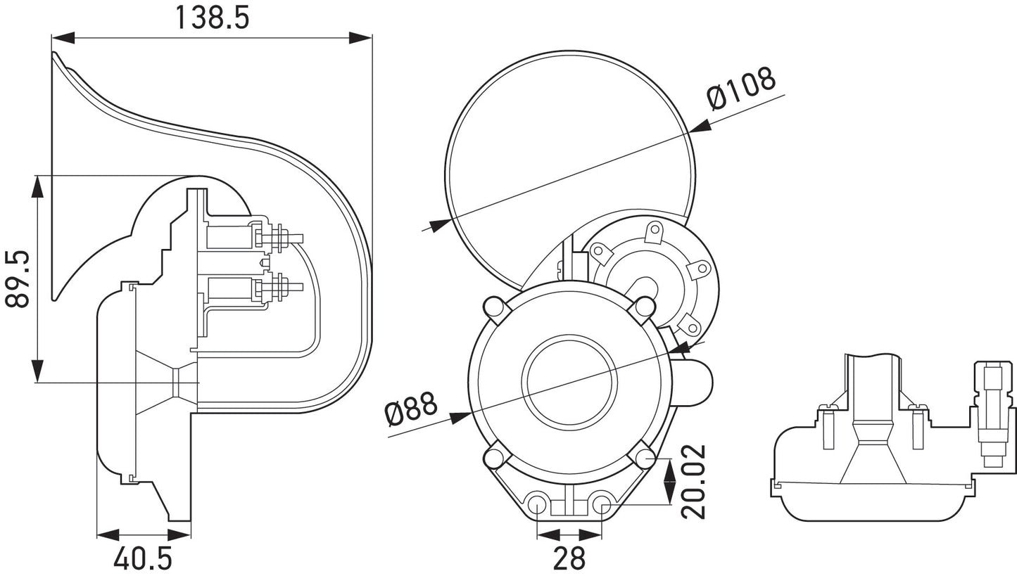 HELLA Trumpet Horn CA20 - 12/24V - 115dB(A) - High Tone - Quantity: 1 3PA013410-011