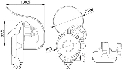 HELLA Trumpet Horn CA20 - 12/24V - 115dB(A) - High Tone - Quantity: 1 3PA013410-011