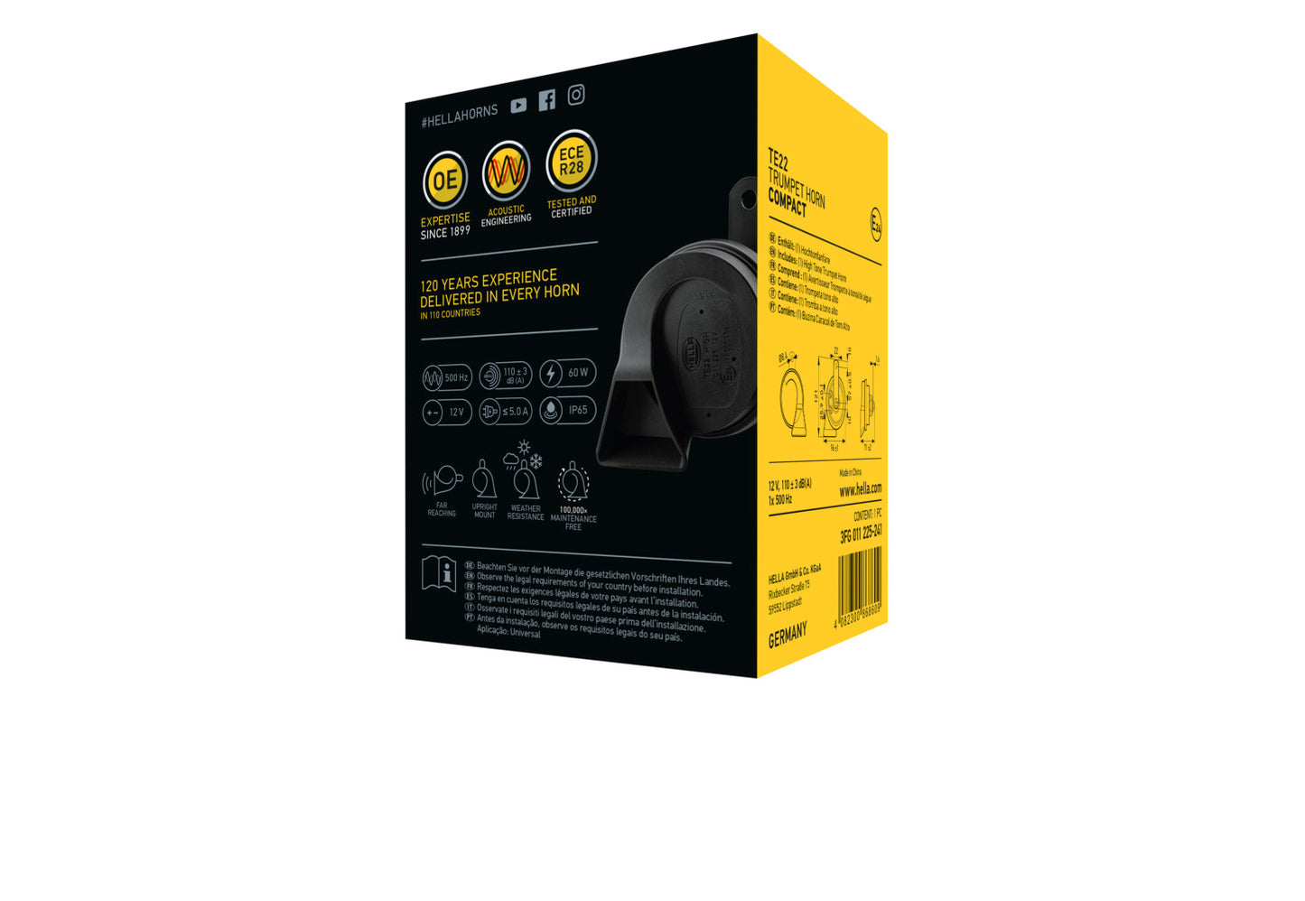 HELLA Trumpet Horn - HELLA ESSENTIAL HORN TE22 - 12V - 110dB(A) - High Tone - Quantity 3FG011225-241
