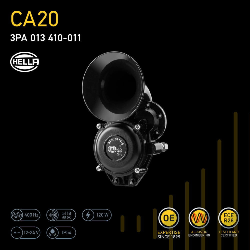 HELLA Trumpet Horn CA20 - 12/24V - 115dB(A) - High Tone - Quantity: 1 3PA013410-011
