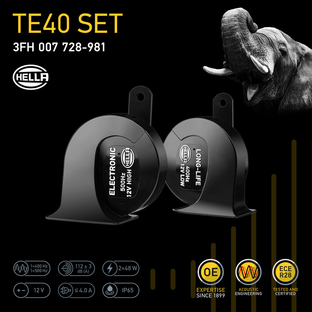 HELLA Trumpet Horn - HELLA eLONG-LIFE HORN TE40 SET - 12V - 112dB(A) - High Tone/Low T 3FH007728-981