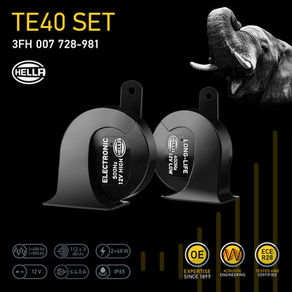 HELLA Trumpet Horn - HELLA eLONG-LIFE HORN TE40 SET - 12V - 112dB(A) - High Tone/Low T 3FH007728-981