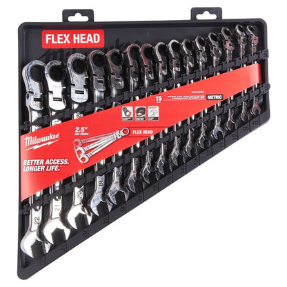 MAX BITE metric flexible head ratcheting combination spanner set (15 pc)